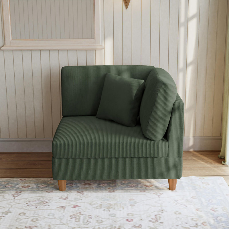 Seemab Upholstered Green Corduroy Armchair with Pillow Back, One Arm Single Chair Module Part For Sectional Sofa, Green