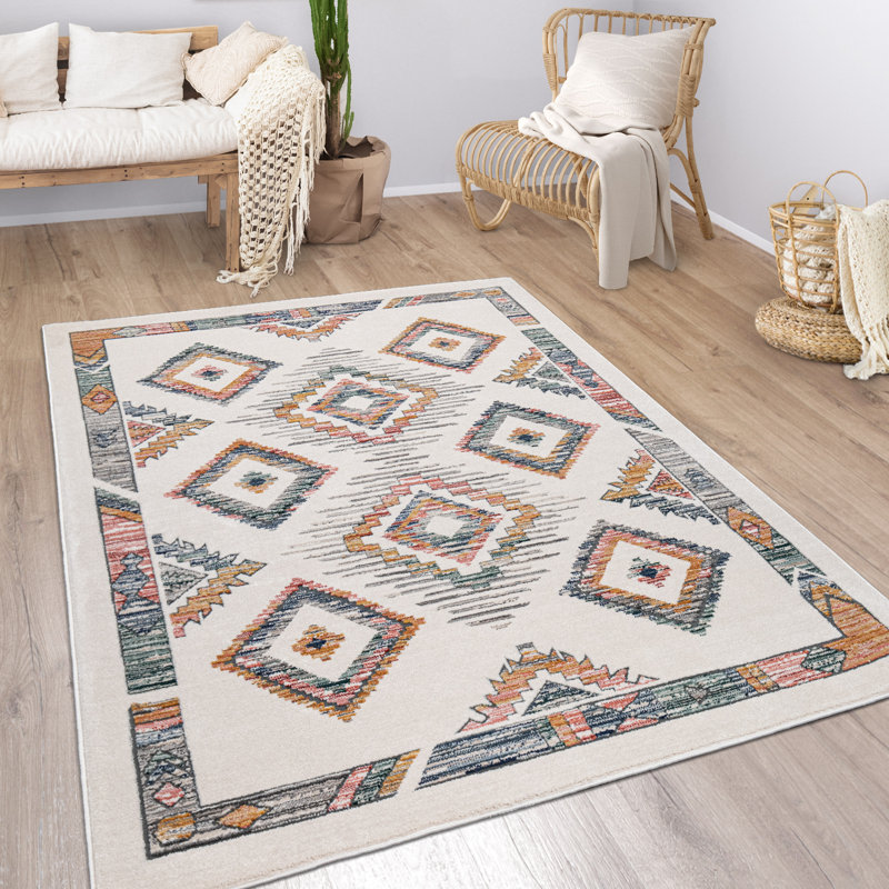Tapis Boho crème avec motif de losanges Scandi pastel moderne, L 94,49 po x L 133,86 po