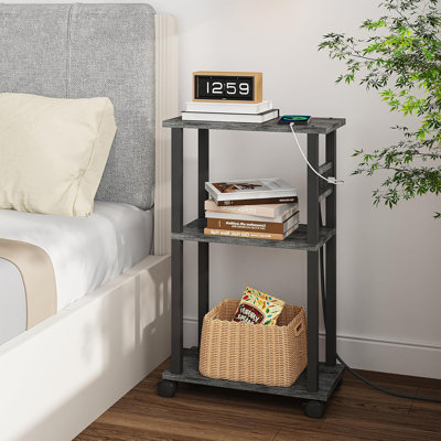 Small Narrow Side Table With Charging Station, Set Of 2 Skinny End Table For Small Spaces, Slim Nightstand With USB Ports And Outlet,Sofa Beside Table With Wheels,