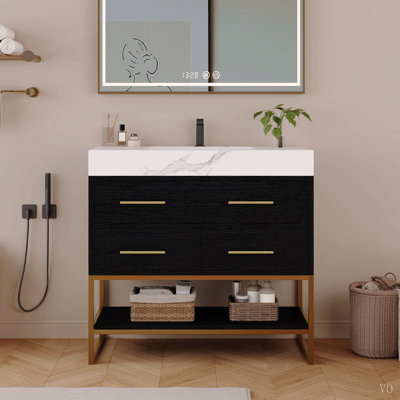 Meuble-lavabo de 36 po en pierre artificielle avec lavabo en céramique, meuble-lavabo moderne avec tiroirs à fermeture en douceur et tablettes ouvertes, meuble-lavabo autoportant avec pieds en acier inoxydable et grand espace