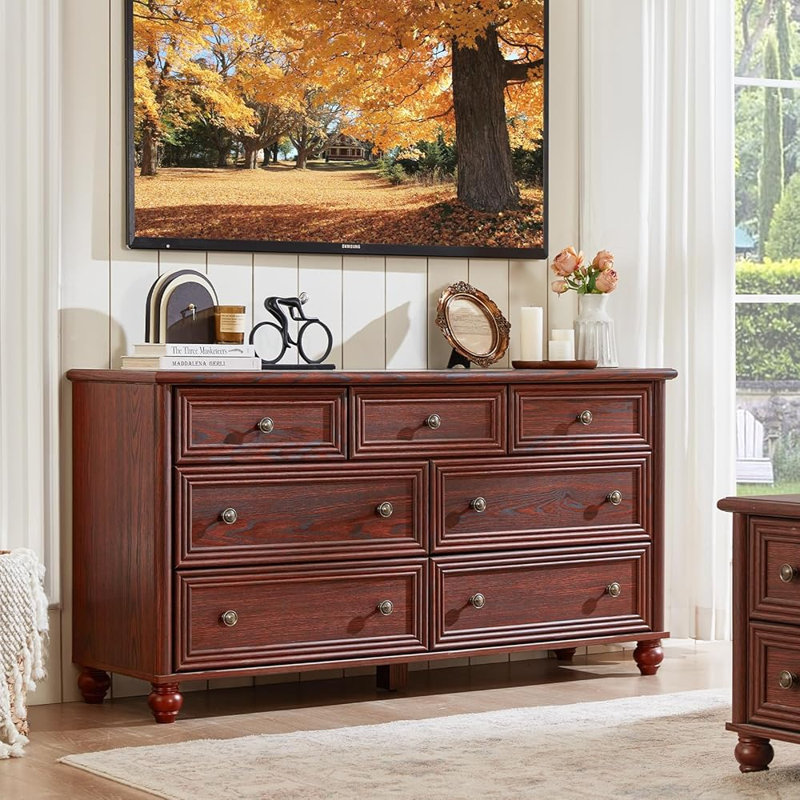 Ensemble de meubles de chambre de style champêtre 3 pièces comprenant une commode à 7 tiroirs, une commode à 5 tiroirs et une table de chevet, ensemble de rangement en bois avec station de recharge pour chambre et salon
