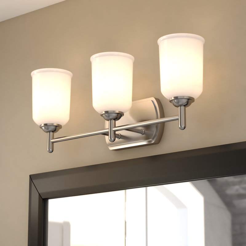 Éclairage pour salle de bain en nickel satiné à 3 lumières Laurelhurst, 22 po de largeur, verre blanc givré, acier, à intensité variable, compatible DEL, fixation réversible