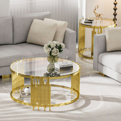 2 Piece Living Room Table Set, Glass Top Round Coffee Table & End Table