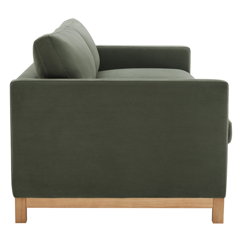 Liz Upholstered Sofa, Soren Olivine Performance Velvet, Natural Wood, 32.28"H x 84.25"W x 39.37"D