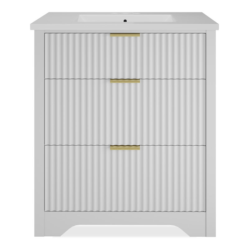 30" Fluted Bathroom Vanity with Sink, Freestanding Farmhouse Bathroom Cabinet with 2 Drawers and Flip-Down Drawer, White