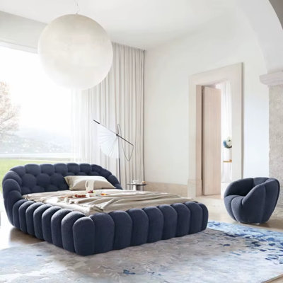 Mara 3D Bubble Upholstered Bed with Tufted Headboard and Solid Wood Legs