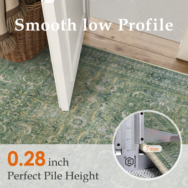 Amber Machine Washable Vintage Flora Area Rug with Non-Slip Backing, Rectangle 6' x 9'
