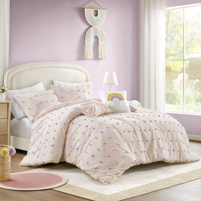 Édredon pour lit double / grand 5 pièces, coton, rembourrage, coussins décoratifs froncés avec motif et lavable à la machine, comprend un édredon et des taies décoratives brodées arc-en-ciel