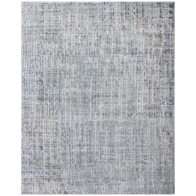 Tapis rectangulaire en laine noué à la main en bleu / gris / gris clair, Rectangle 8 pi x 10 pi