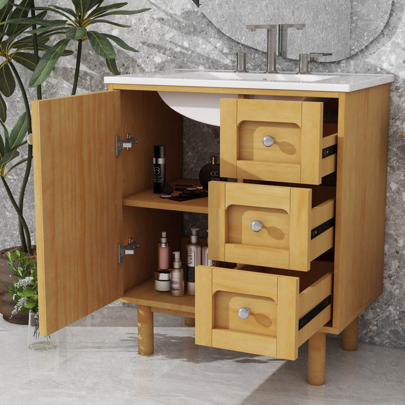Meuble-lavabo de 30 pouces avec lavabo en céramique, 3 tiroirs, 1 grande porte à fermeture en douceur, armoire de rangement de style rustique