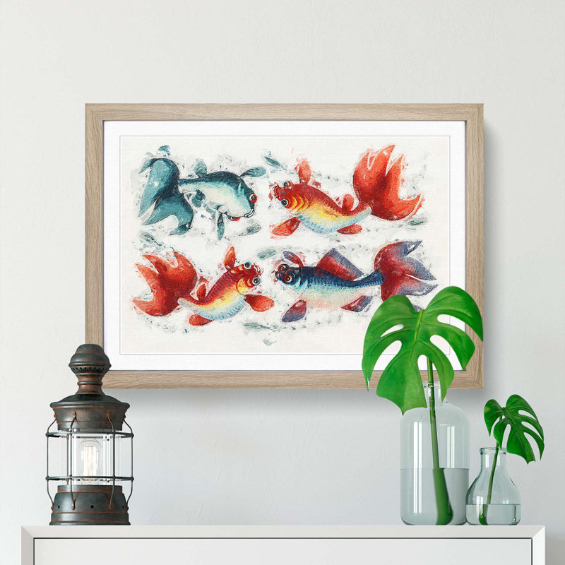 Two Gold & Silver Fish - Picture Frame Painting Print, Oak Framed, 48cm H x 65cm W x 2cm D