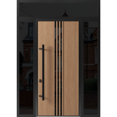 Porte avant en acier pré-suspendue à l'avant / teck Ronex 1055/2 fenêtres extérieures latérales et supérieures en métal / entrée en métal peint moderne l 12 + 36 + 12 po x H 96 + 16 po à droite