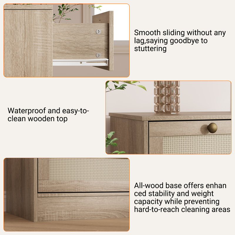 Modern 12 Drawer Wood Dresser – 61" Wide Chest with Rattan Accents, Storage Cabinet & TV Stand for 65 Inch TV, for Living Room, Bedroom, Closet, Hallway (Natural Wood)