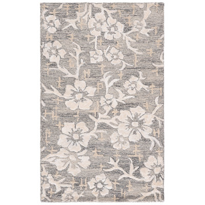 Sirish Hand Tufted Wool/Viscose/Cotton Floral Rug in Ivory/Gray