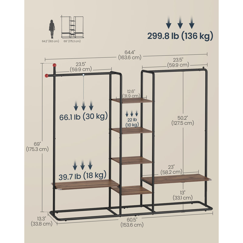 Portemanteaux, garde-robe ouverte, garde-robe autoportante, porte-vêtements robuste, 6 tablettes de rangement, 2 rails de suspension, crochets en forme d'allumette, noyer naturel et noir encre