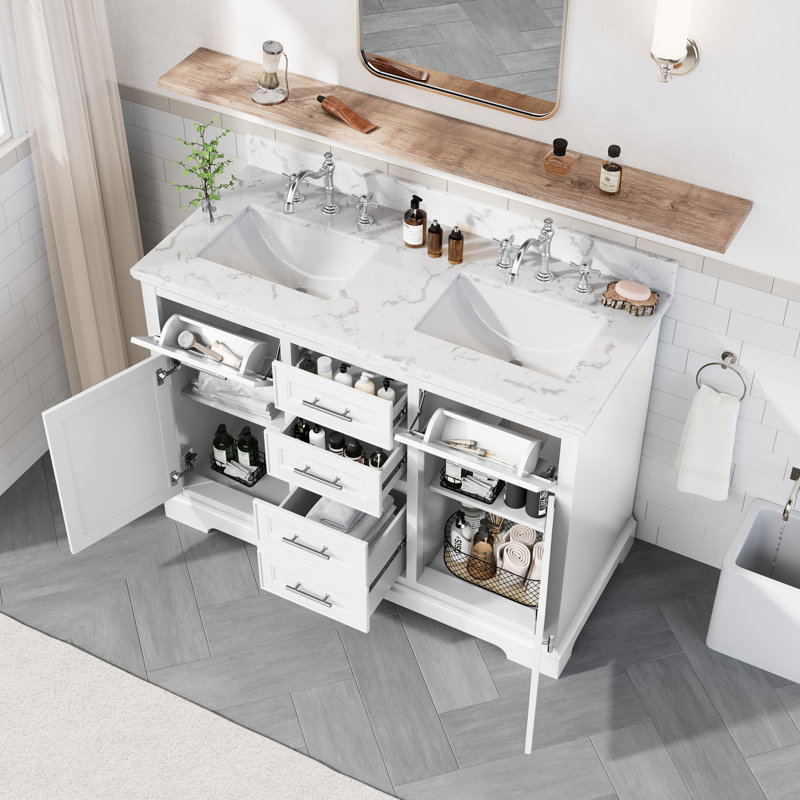 Meuble-lavabo autoportant de 122 cm (48 po) en bois blanc avec lavabo simple et comptoir en pierre reconstituée, White