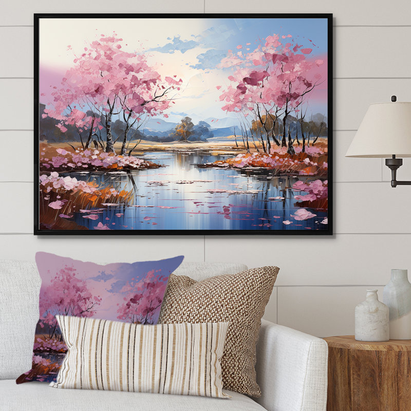 «Pink Trees Blooming In Country Charm I», reproduction sur toile, Cadre flottant noir, H 24 po x l 32 po