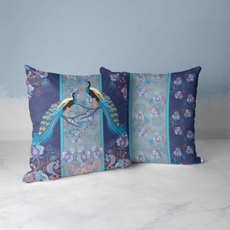 Indigo Blue Peacock Floral Square Outdoor Throw Pillow