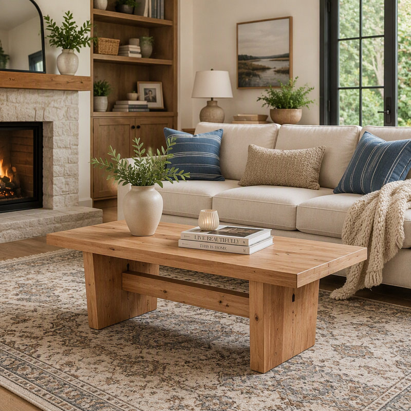 Table basse de 47,24 po fabriquée à partir de bois massif naturel sélectionné, conservant le grain du bois naturel avec des tons de bois chaleureux et rustiques.