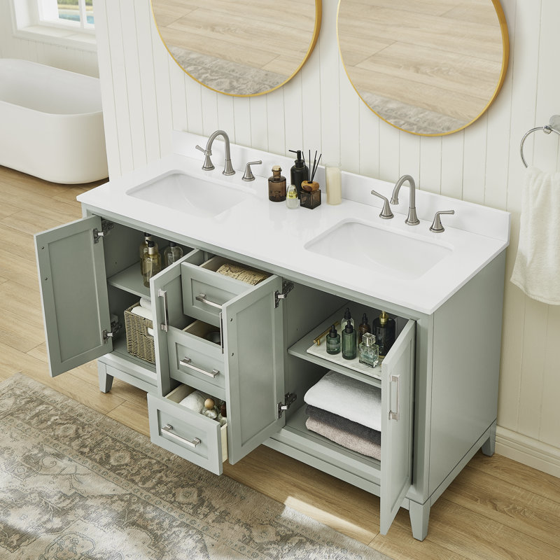 Meuble-lavabo de 60 po au fini gris clair Espina avec comptoir en pierre blanche Pure