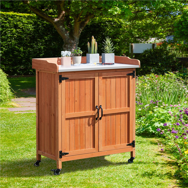 40? H Garden Potting Bench Table with Lockable Castors, Brown