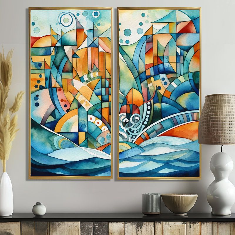 «Blue and orange», art mural moderne sur toile crème 2 pièces, H 40 po x l 40 po, Impression encadrée flottante, Doré