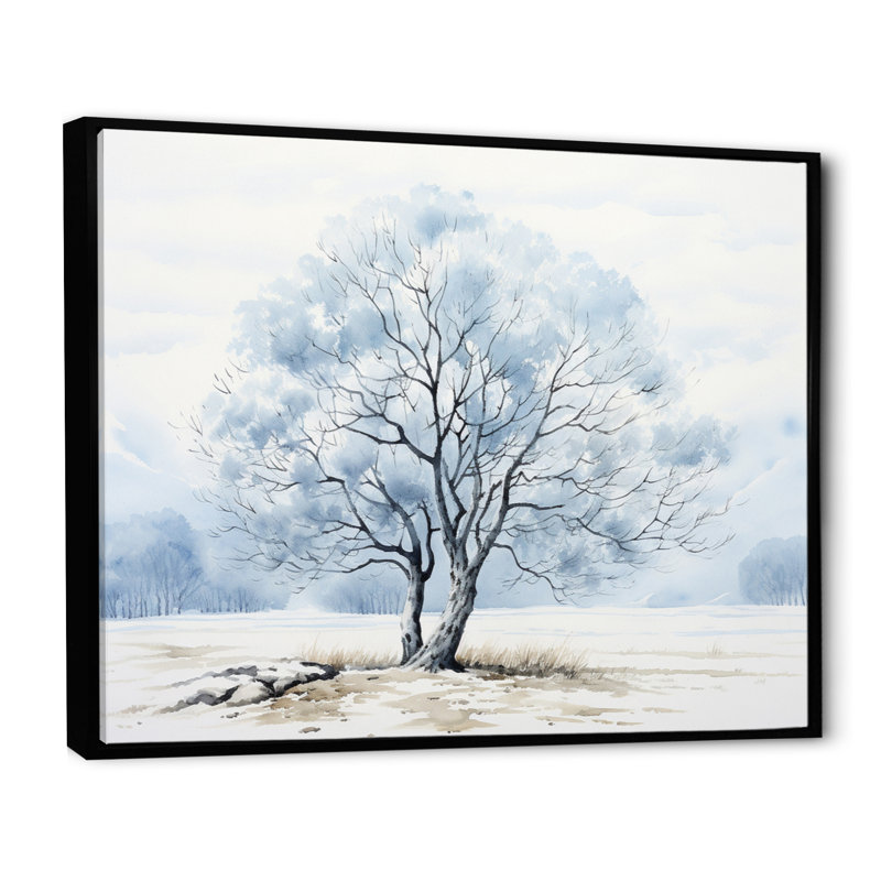 " Ice Blue Tree Monochrome Ink Harmony ", 24" H x 32" W x 1" D, Black Floater Framed