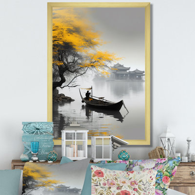 Art asiatique, bateau jaune, monochrome