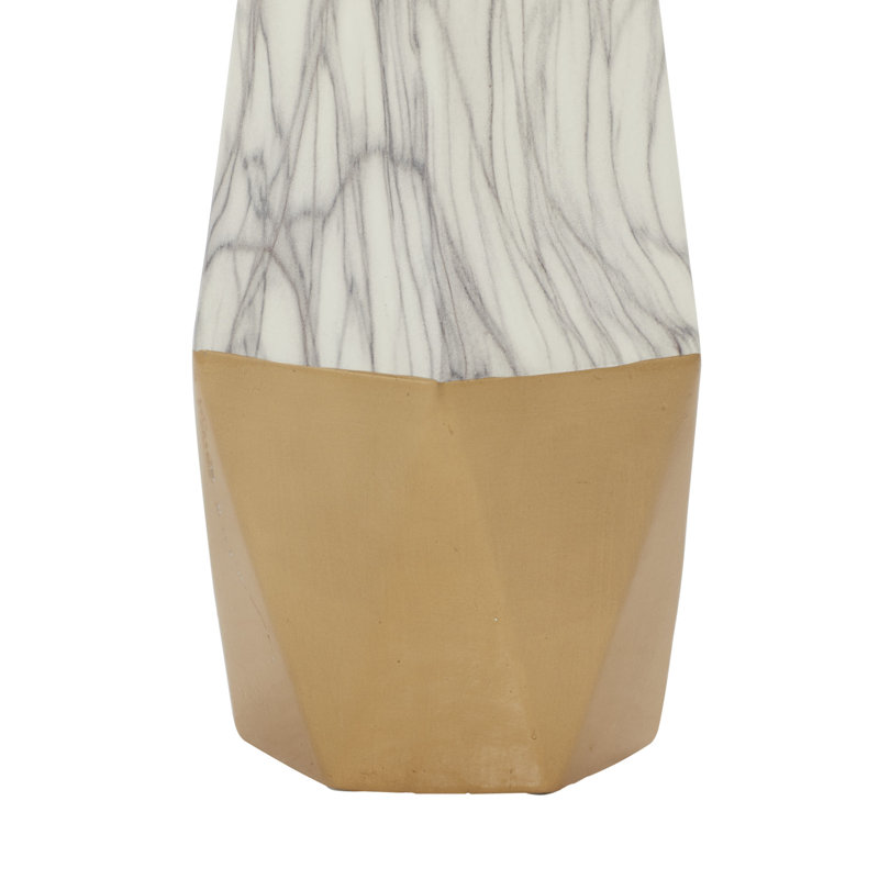 Vase en céramique avec base en faux marbre, H 18 po x l 7 po x p 7 po, Blanc / doré