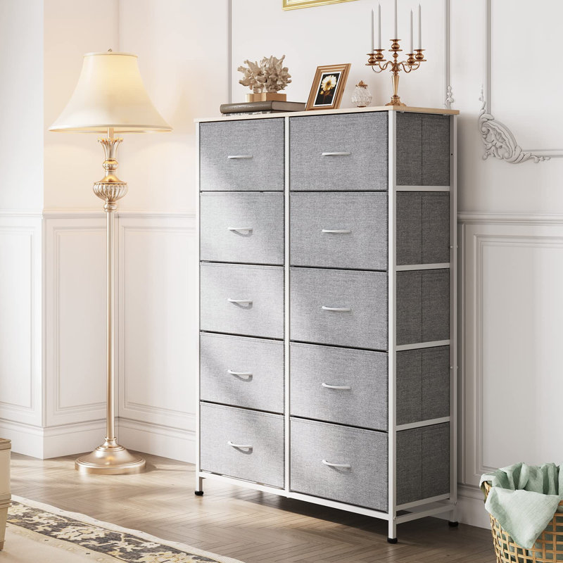 Commode 10 tiroirs Cecilla, Gris clair