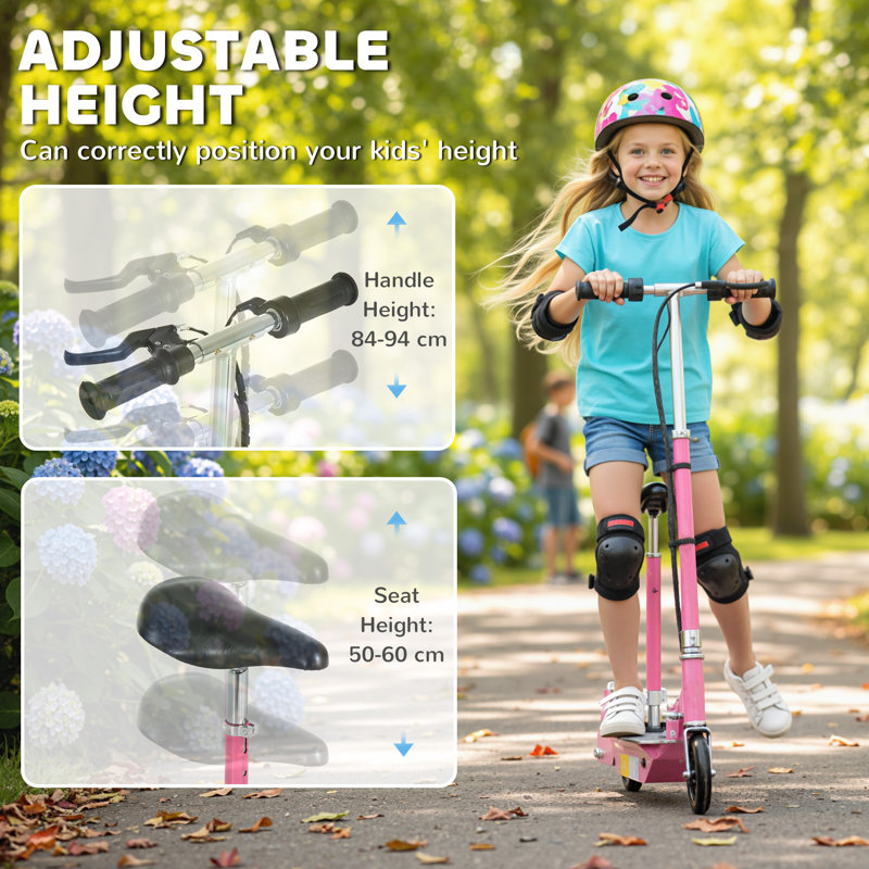 HOMCOM Foldable Powered Scooter with Adjustable Handle, Brake, Pink