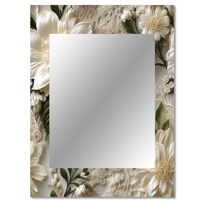Araud Vintage White Flower Lace Bliss - Floral Large Wall Mirror, Floral Unique Mirror, Printed Metal Art, 40" x 30"