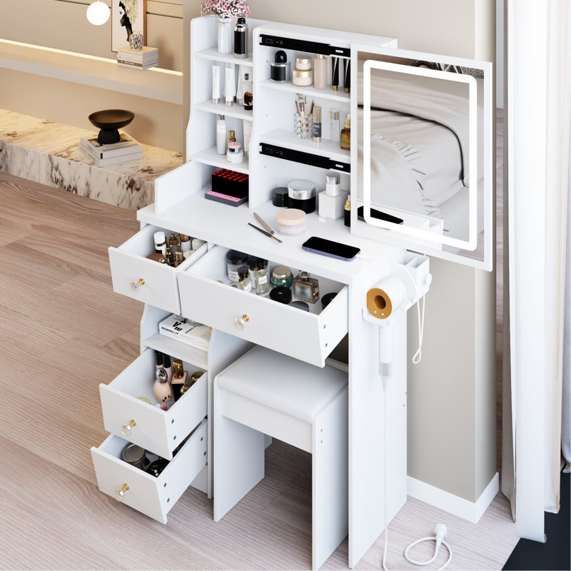 29.2" Left Drawer Vanity Table With Cushioned Stool, 2 Ac+2 Power Supply, Hair Dryer Bracket, Large Touch - Operated Sliding Led Mirror Three Color Lighting And Brightness Adjustment, Ideal For Small
