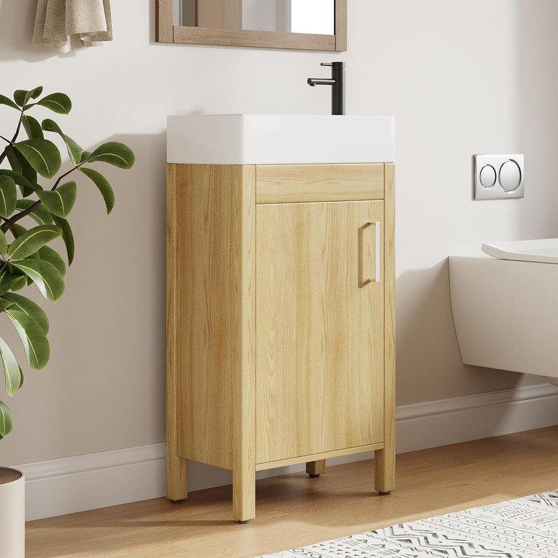 16" Bathroom Vanity with Sink, Freestanding Wooden Cabinet with Soft‑Closing Door for Small Spaces, Natural