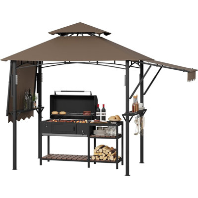 8 Ft. x 5 Ft. Grill Gazebo with Adjustable Dual Side Awnings, Double-Tier BBQ Canopy with Shelves, Hooks and Steel Frame for Backyard or Patio