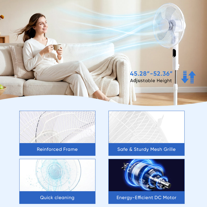 Hauteur réglable du piédestal oscillant de 16 po avec télécommande et ventilateur de minuterie de 15 heures, White