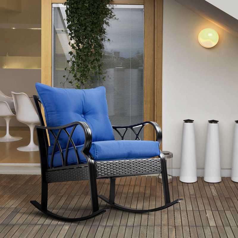 Blue Outdoor Rocking Seat. Cushioned Back And Aluminum Chair For Patio Yard. Fashionable . Metal Base Rocking. Furniture. 27.32"H Rocker - Frame & Comfortable Cushions Backyard