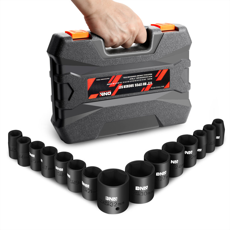 17-Pcs 1/2-Inch Drive Metric Impact Socket Set - 10-32mm, with 5" 10" Extension Bar,Cr-V
