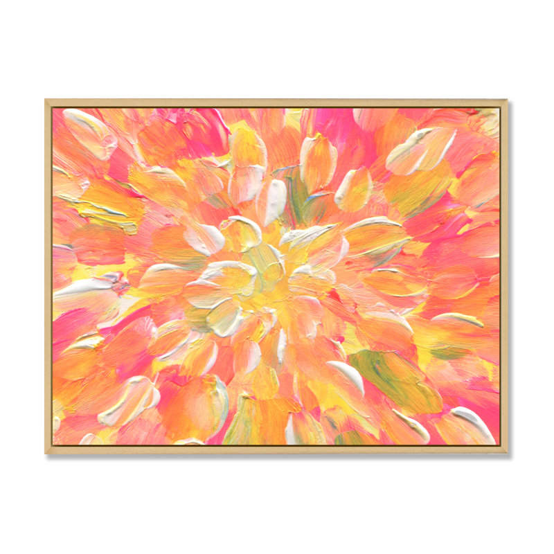 " Orange And Yellow Abstract Blossoming " Painting Print, 30'' H x 40'' W x 1.5'' D, Brown Floater Framed
