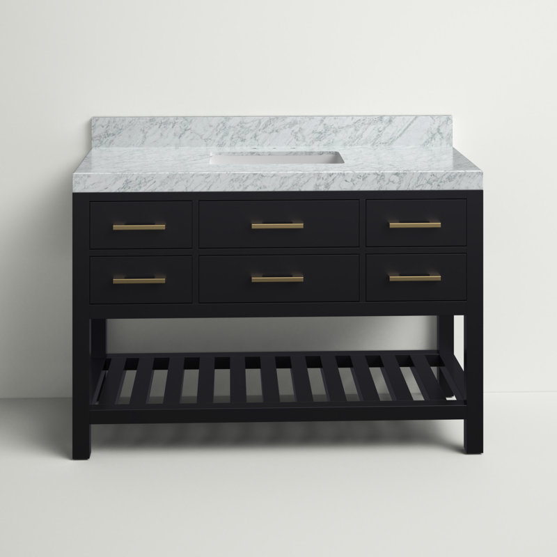 Ensemble de meuble-lavabo simple 48 po Carrie, Noir onyx / or brossé, Marbre blanc de Carrare