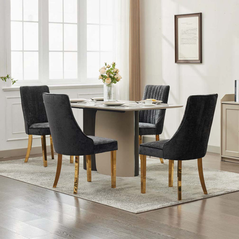 Chaises de salle à manger en chenille, Doré, Noir