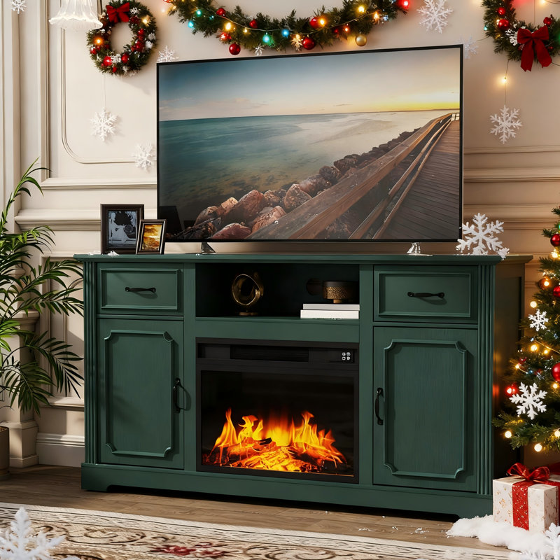 60" Media Console TV Stand For TVs Up To 65" With Electric Fireplace Included, Green