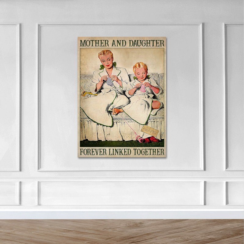 «Mother and Daughter Knitting On Canapé - Mother and Daughter Forever chaînés ensemble», 1 reproduction d'art graphique sur toile tendue