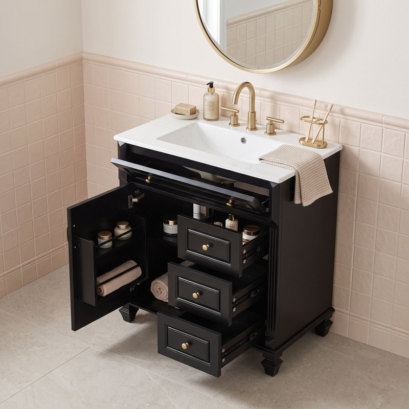 Meuble-lavabo autoportant avec lavabo en céramique, tiroir escamotable, tablette réglable et rangement pour porte, Noir