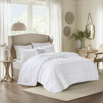 Ensemble de courtepointe réversible en microfibre 4 pièces avec coussin décoratif blanc