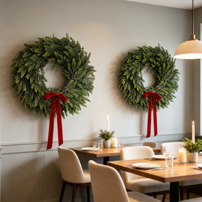 2 Pack 23 Inch Christmas Cedar Wreaths for Front Door, Artificial Green Wreath with Realistic Faux Greenery, Holiday Decoration for Indoor Outdoor Home Porch Farmhouse