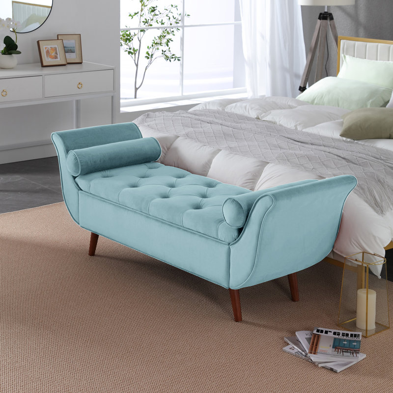 Blue Velvet Upholstered Storage Bench with Roll-Arm