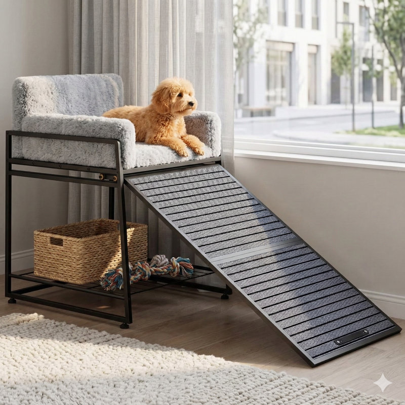 Rampe pliante pour animaux avec siège et rangement intégrés, pouvant servir de perchoir de fenêtre, de chaise de lit superposé ou de coussin de canapé, comprend des marches d'accès, convient au lit, au canapé et au bureau, supporte jusqu'à 110 lb