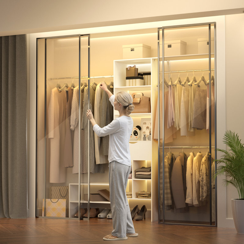40"-99" Wooden Closet System with Drawers, Walk in Closet Organizer System with 3 Hanging Rods, Adjustable Built in Closets Systems
