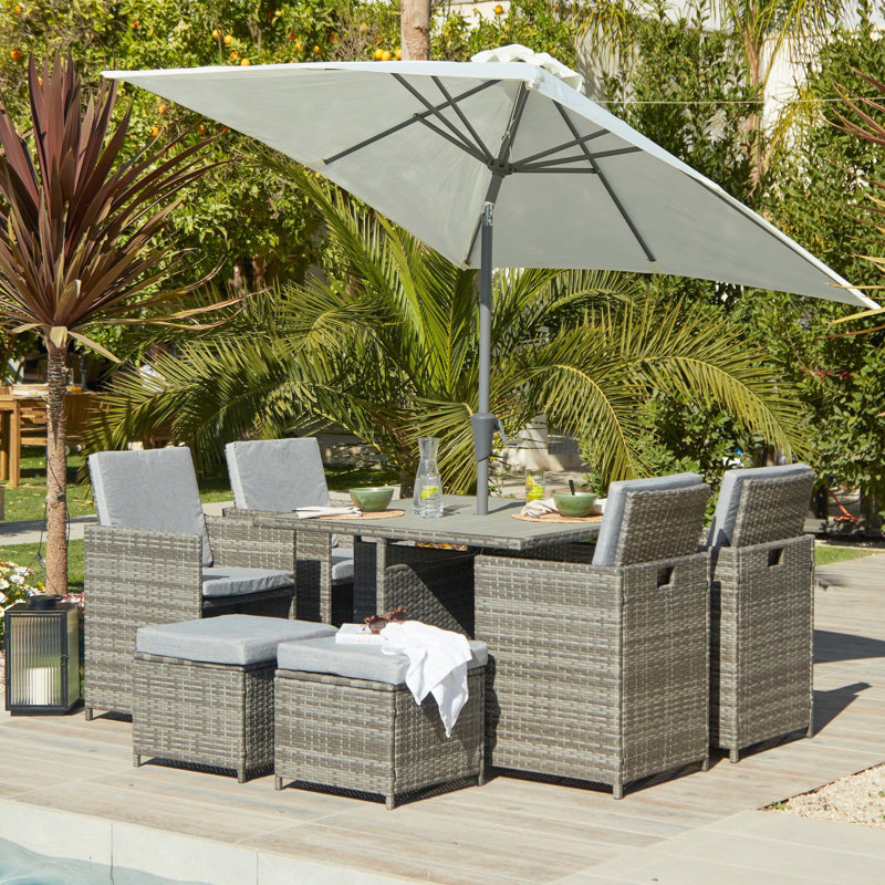 Quinden All Weather Wicker/Rattan 8 - Person with Cushions & Parasol, Grey, Cream